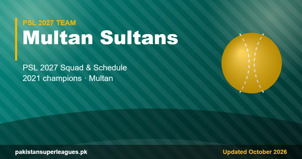 Multan Sultans PSL 2027 squad and schedule graphic in team colours