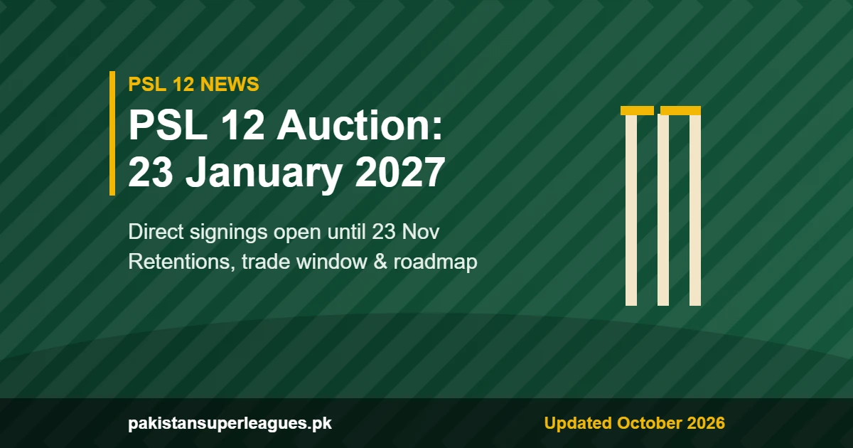 PSL 12 auction date 23 January 2027 graphic with cricket stumps
