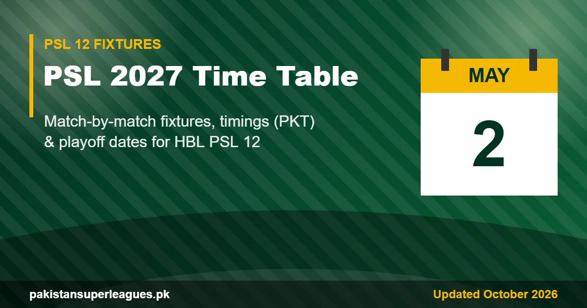 PSL 2027 time table and fixtures graphic for Pakistan Super League season 12